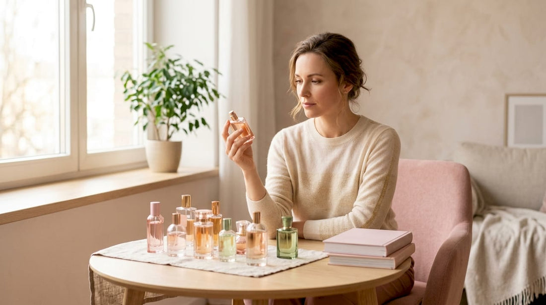 Une femme hésite entre plusieurs flacons de parfum, cherchant celui qui correspondra parfaitement à son humeur du jour.