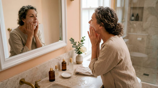 Une femme prend soin de sa peau en appliquant sa crème hydratante sur le visage.