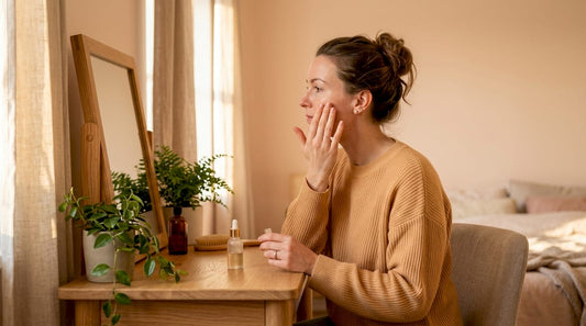 Une femme prend soin de sa peau en appliquant un sérum antioxydant sur son visage.