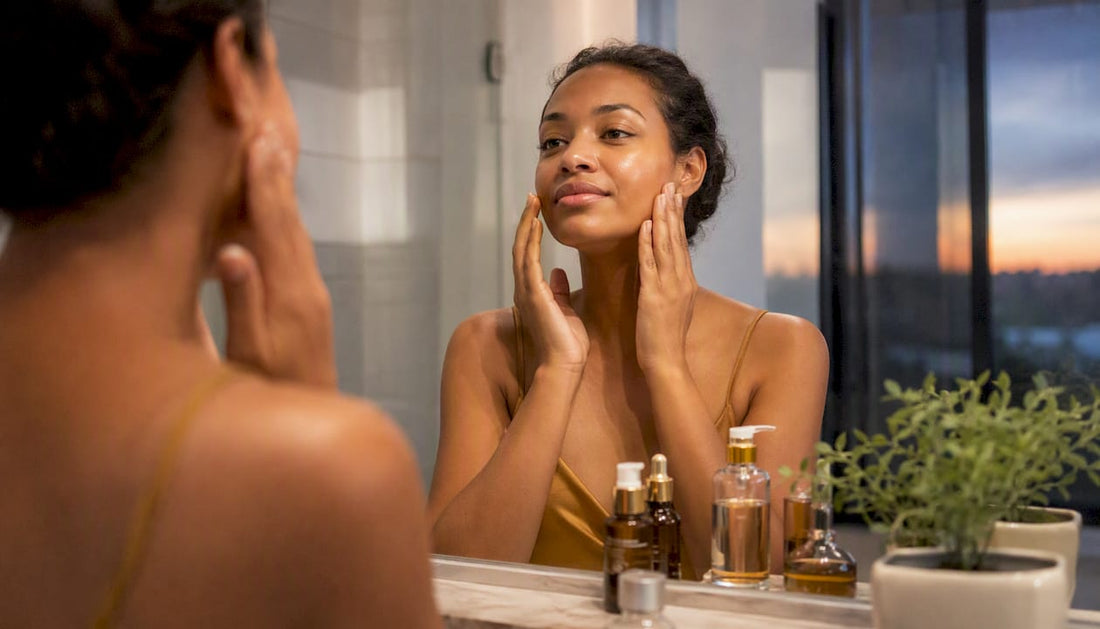 Une femme prend soin de sa peau en appliquant de l’huile sèche sur son visage, devant le miroir de sa salle de bain.