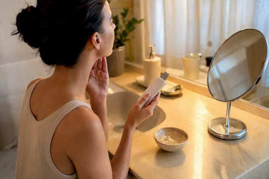 Mains tenant un appareil de soin du visage avec du gel