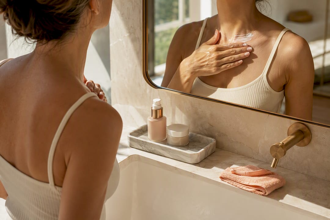 Application de crème solaire sur le décolleté