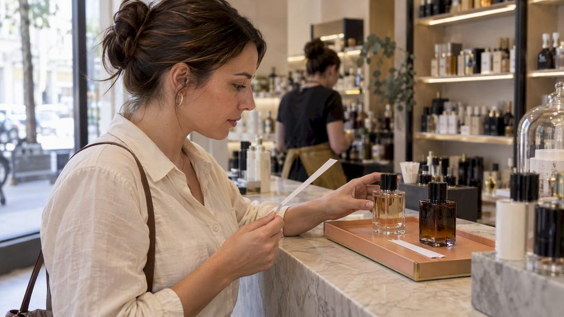 Une cliente compare l’eau de parfum et l’extrait