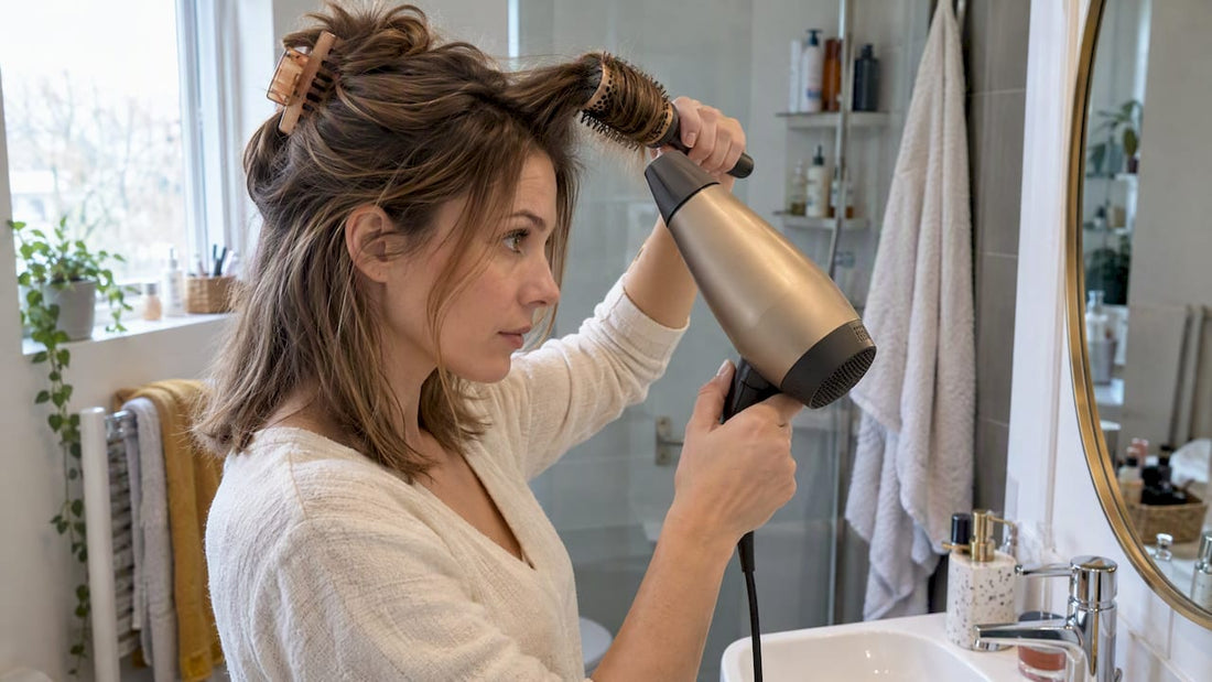 Femme qui sèche ses racines pour donner du volume