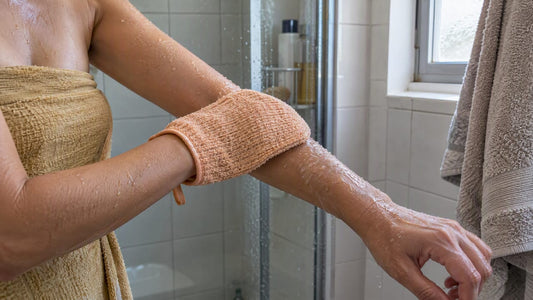 Gant exfoliant passé délicatement sur un avant-bras