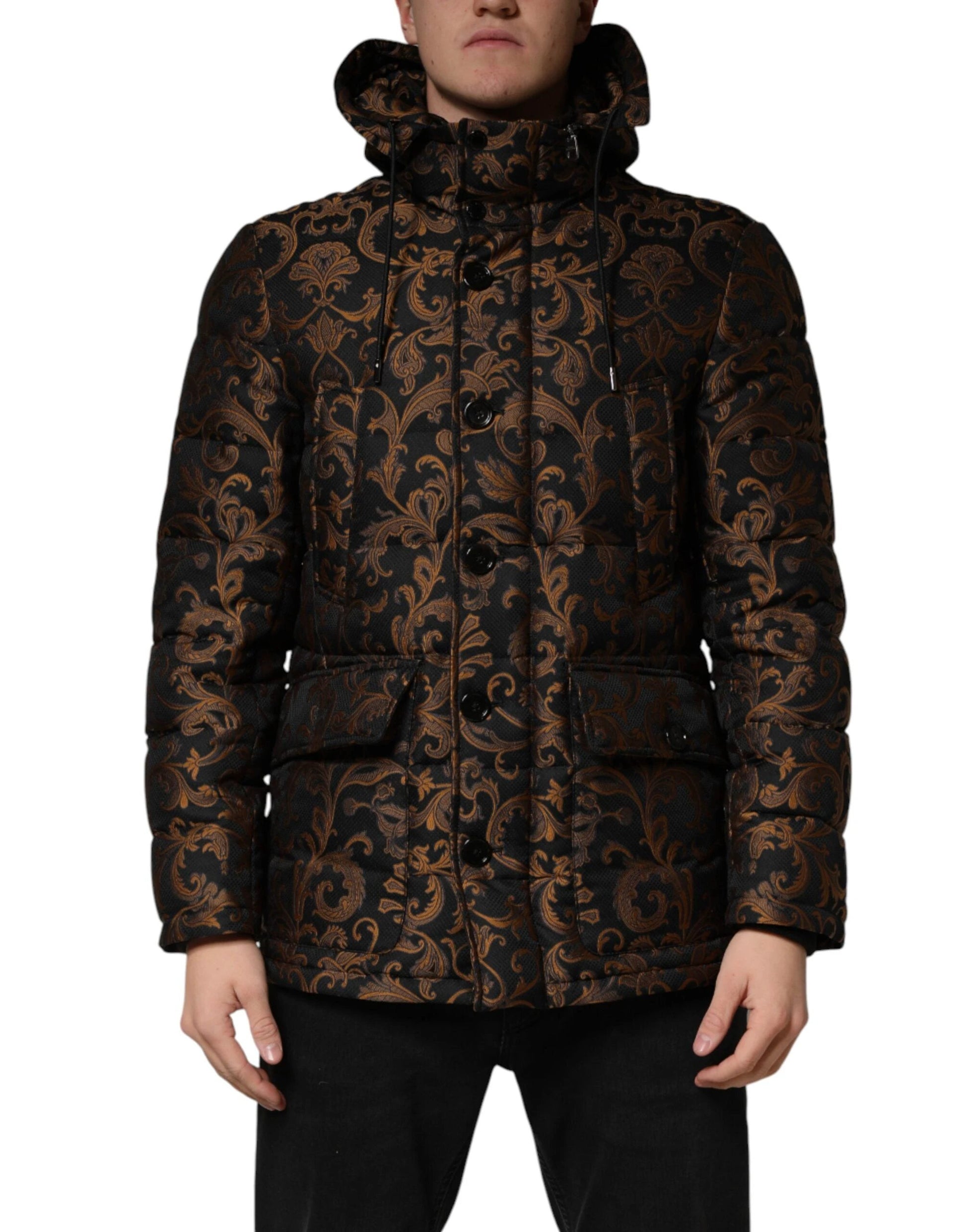 Dolce & Gabbana Black Floral Jacquard Quilted Hooded Jacket by Dolce & Gabbana