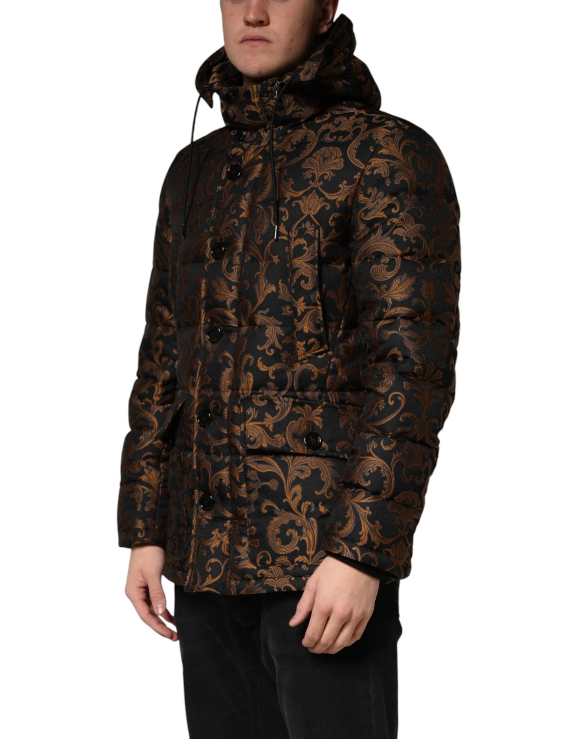 Dolce & Gabbana Black Floral Jacquard Quilted Hooded Jacket by Dolce & Gabbana
