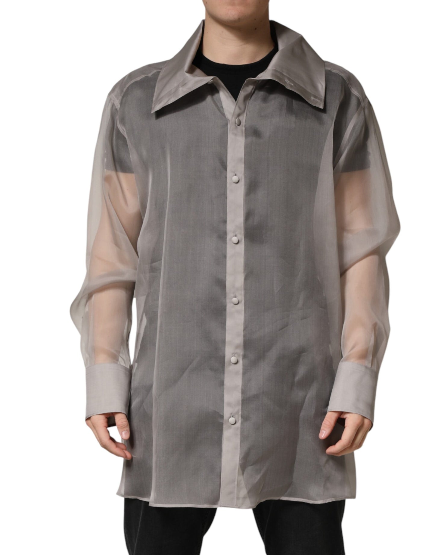 Dolce & Gabbana Gray Sheer Silk Button Front Men Dress Shirt