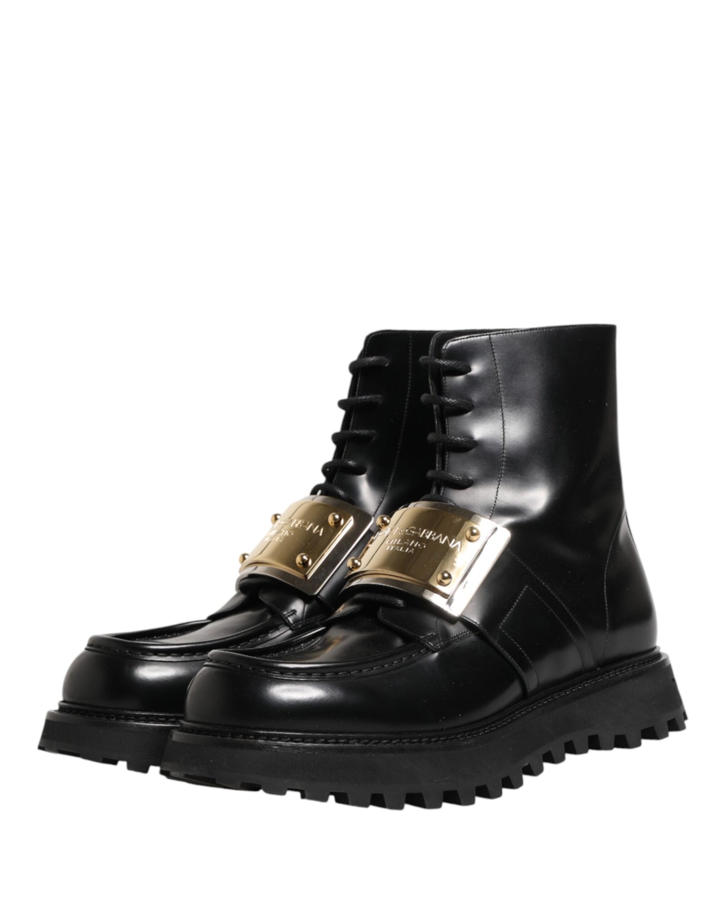Dolce & Gabbana Black Leather DG Plaque Lace Up Boots Shoes