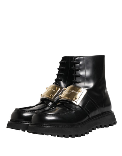 Dolce & Gabbana Black Leather DG Plaque Lace Up Boots Shoes
