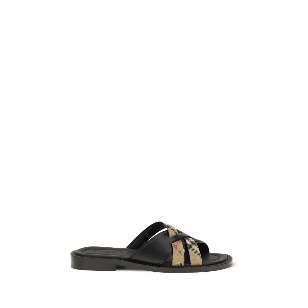 Burberry Black Calf Leather Bos Taurus Flat Sandals by Burberry