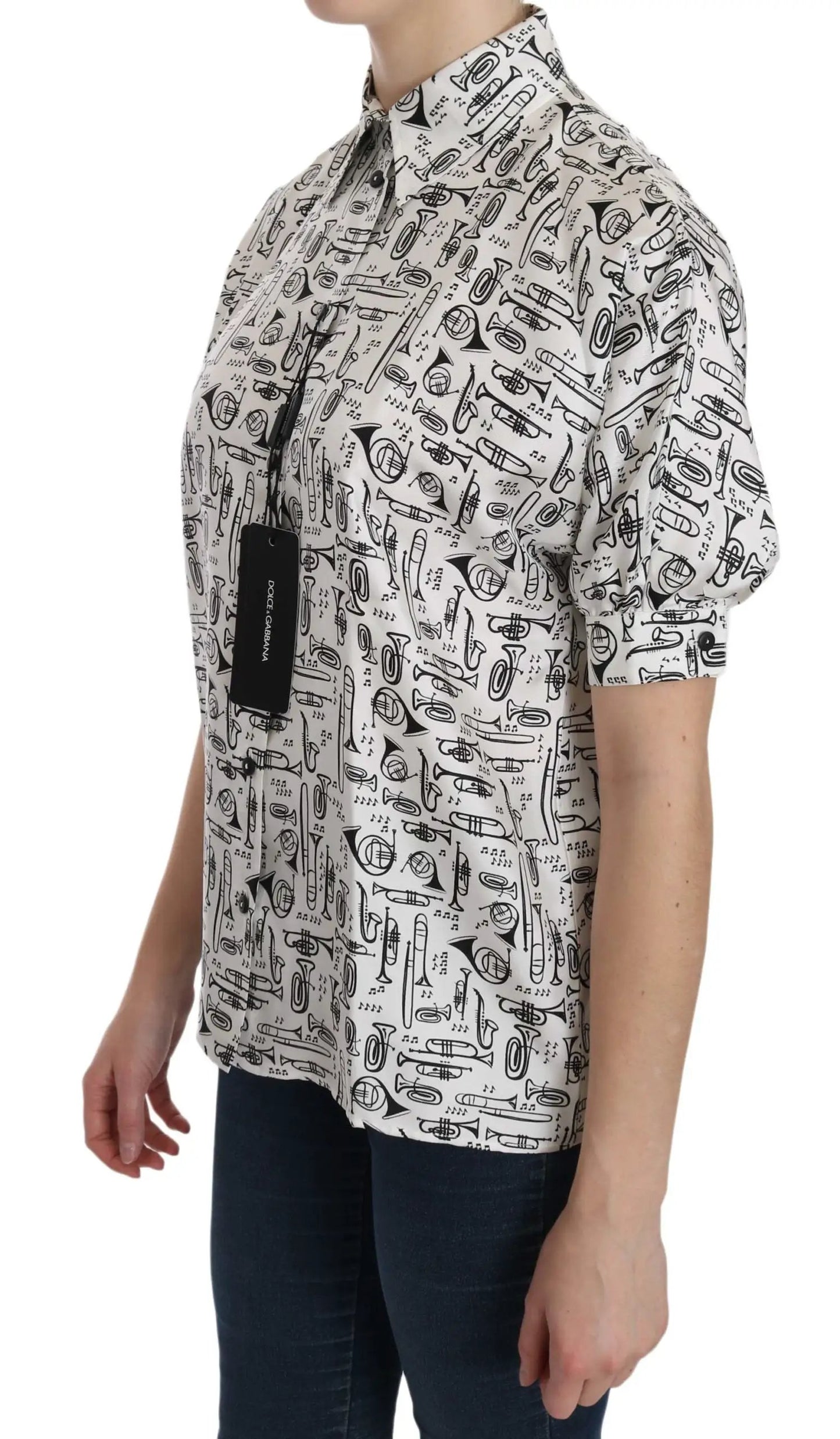 Dolce & Gabbana White Musical Instrument Collared Blouse Shirt by Dolce & Gabbana