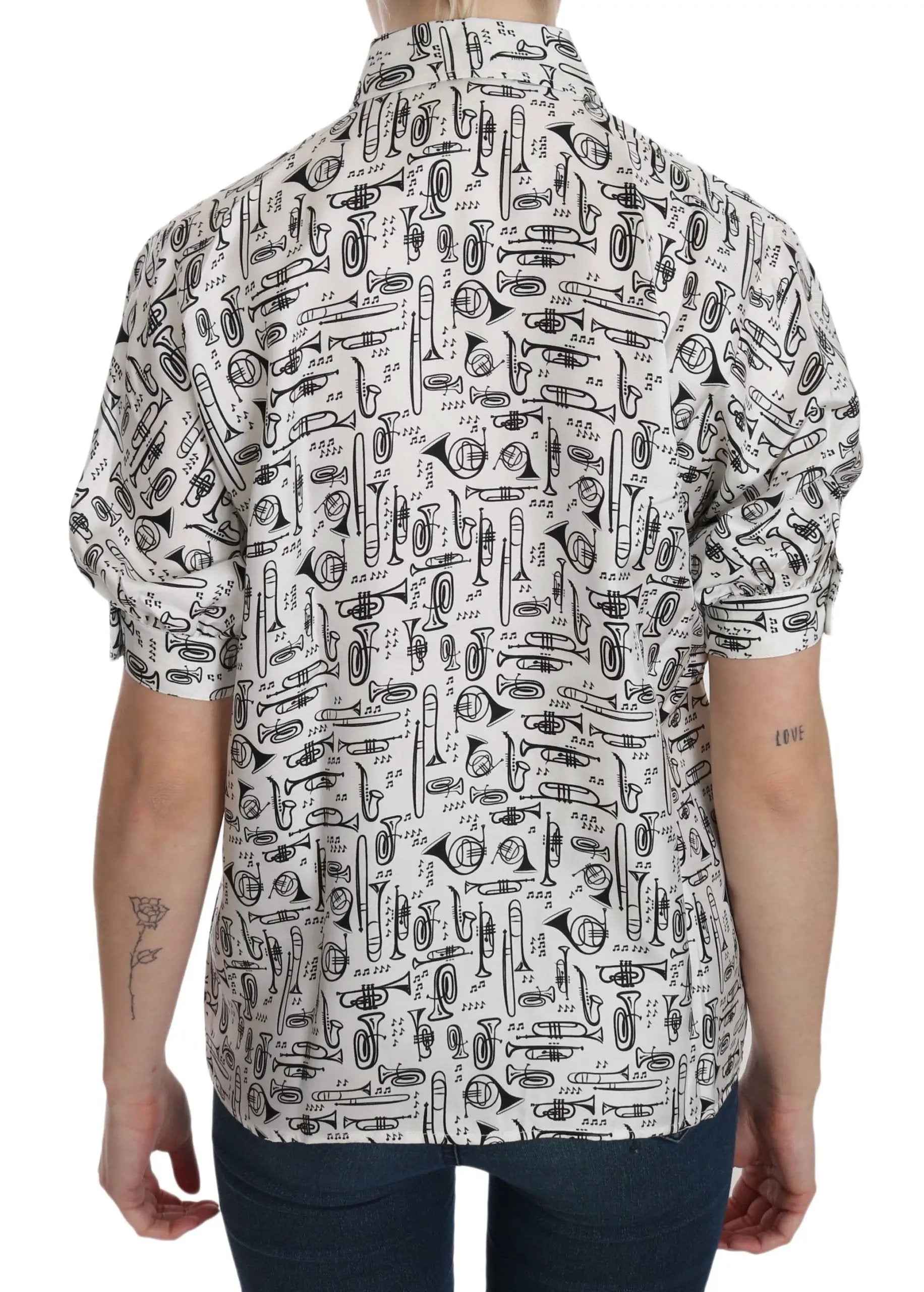Dolce & Gabbana White Musical Instrument Collared Blouse Shirt by Dolce & Gabbana