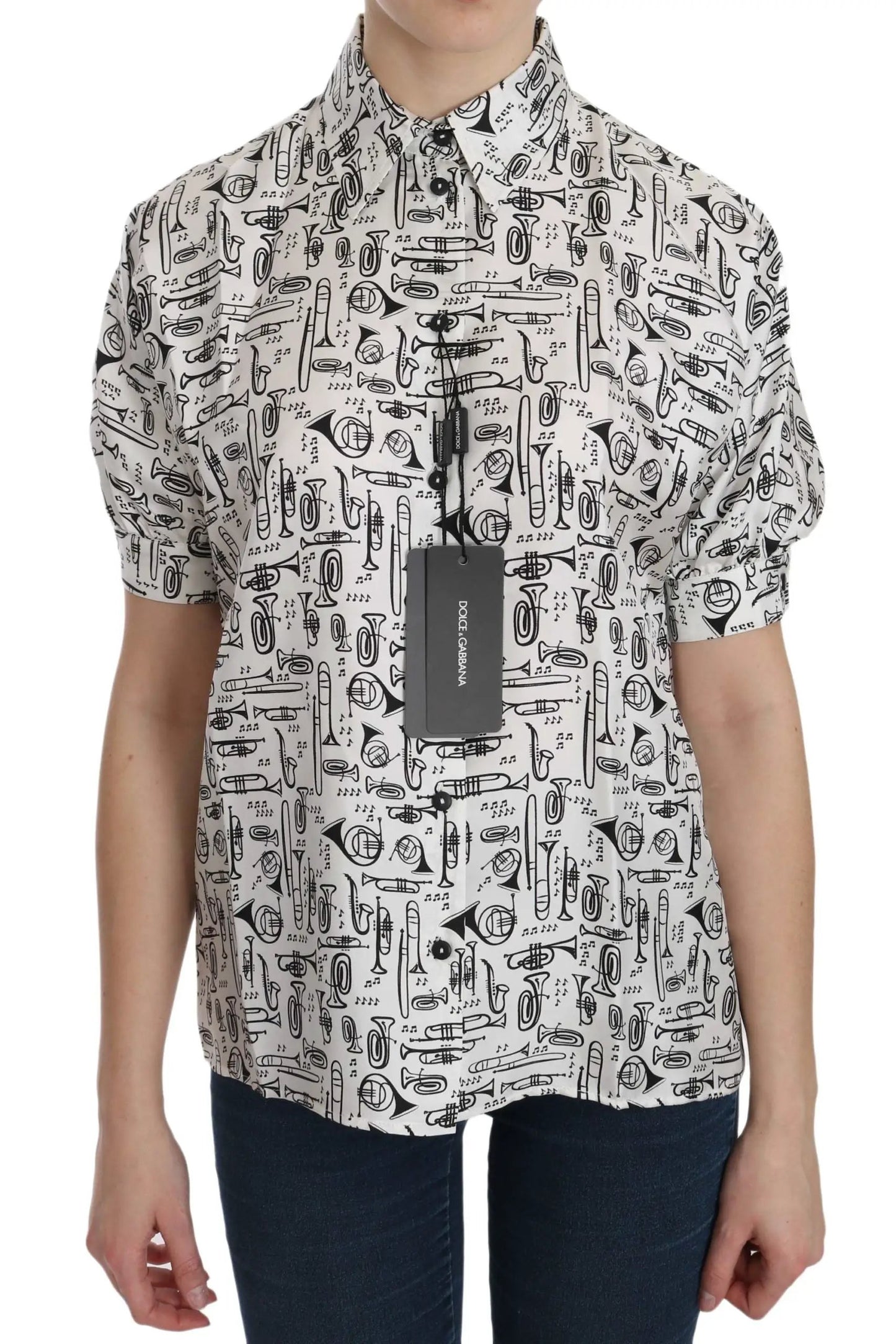 Dolce & Gabbana White Musical Instrument Collared Blouse Shirt by Dolce & Gabbana