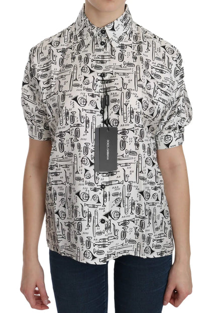 Dolce & Gabbana White Musical Instrument Collared Blouse Shirt by Dolce & Gabbana