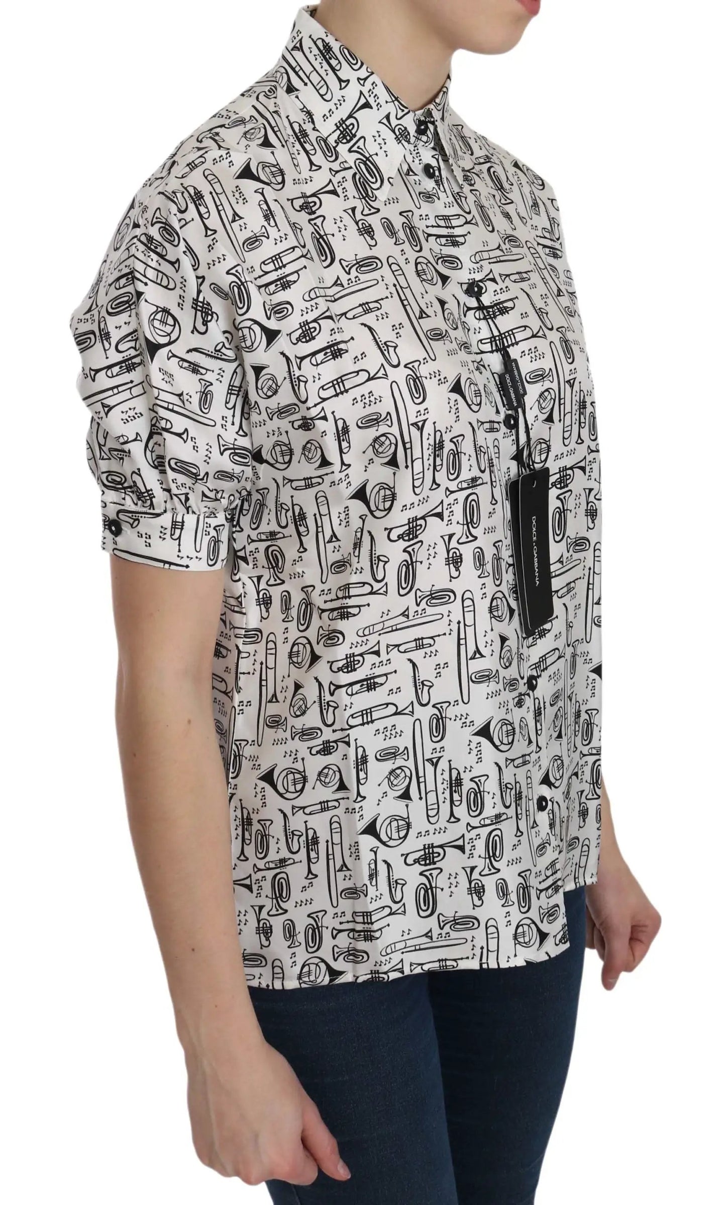 Dolce & Gabbana White Musical Instrument Collared Blouse Shirt by Dolce & Gabbana