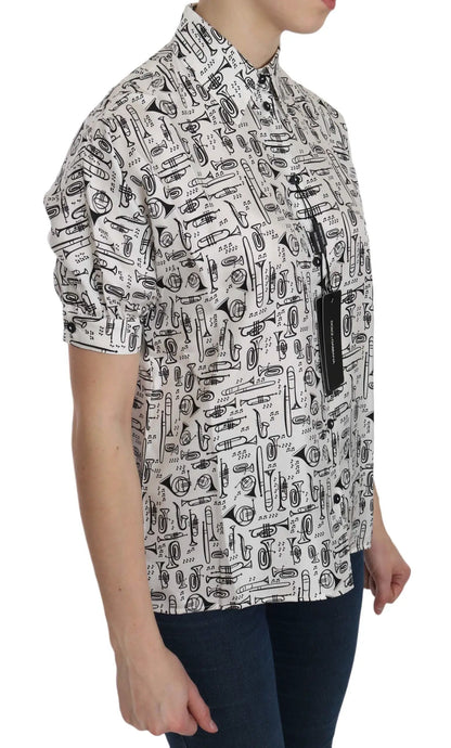Dolce & Gabbana White Musical Instrument Collared Blouse Shirt by Dolce & Gabbana