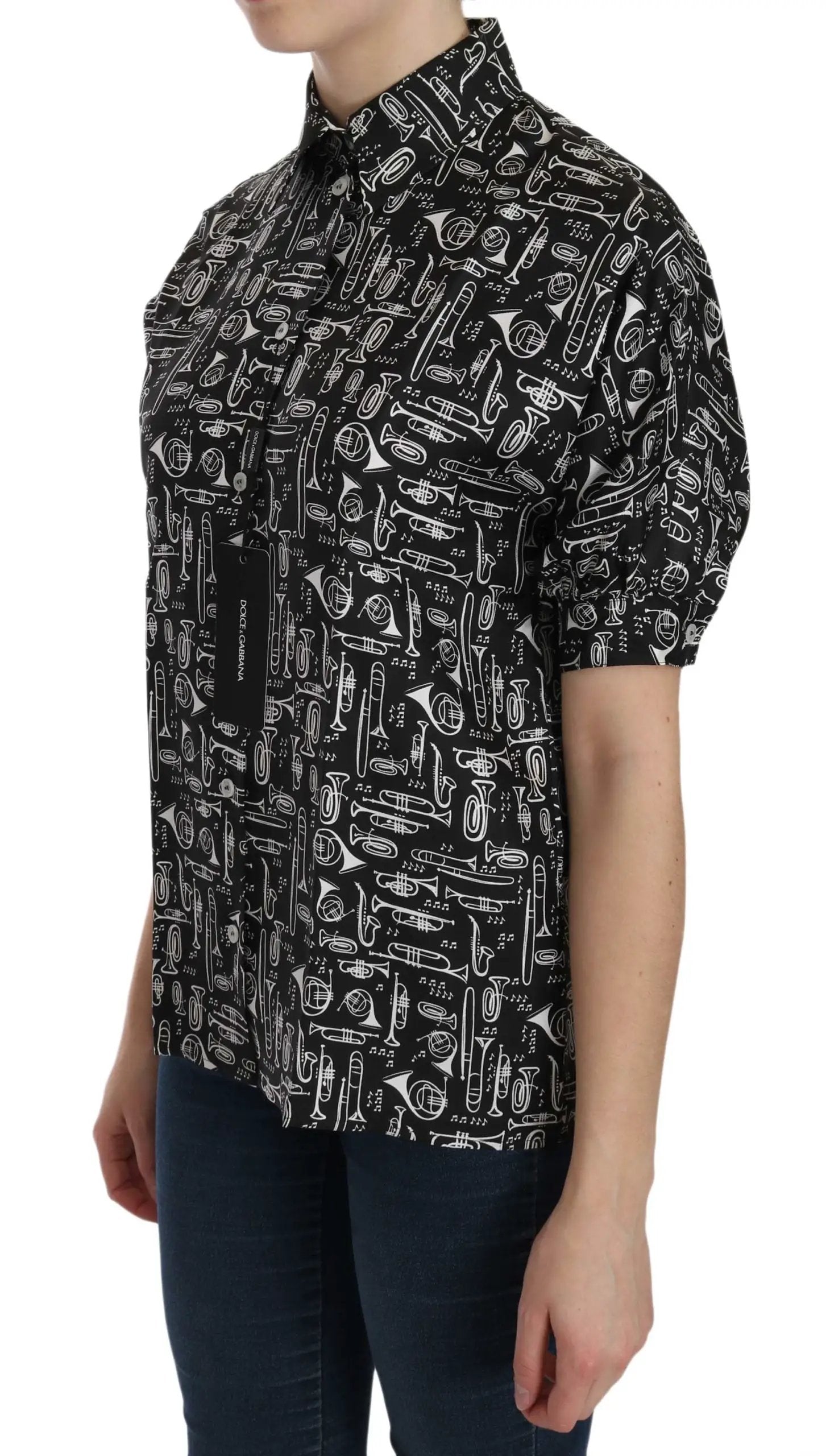 Dolce & Gabbana Black Musical Instrument Collared Blouse Shirt by Dolce & Gabbana