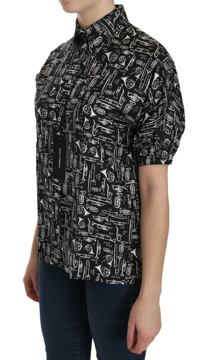 Dolce & Gabbana Black Musical Instrument Collared Blouse Shirt by Dolce & Gabbana