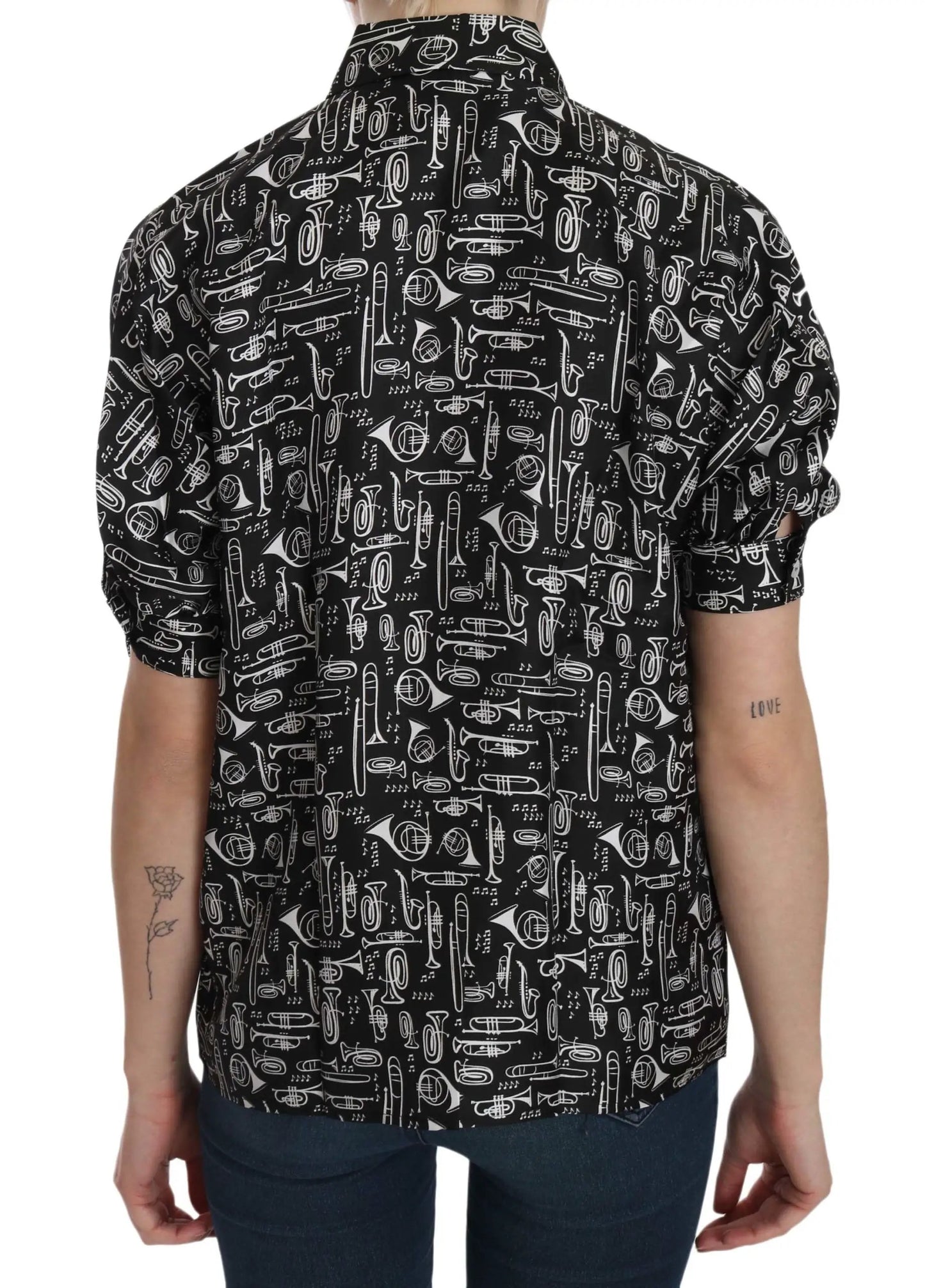 Dolce & Gabbana Black Musical Instrument Collared Blouse Shirt by Dolce & Gabbana