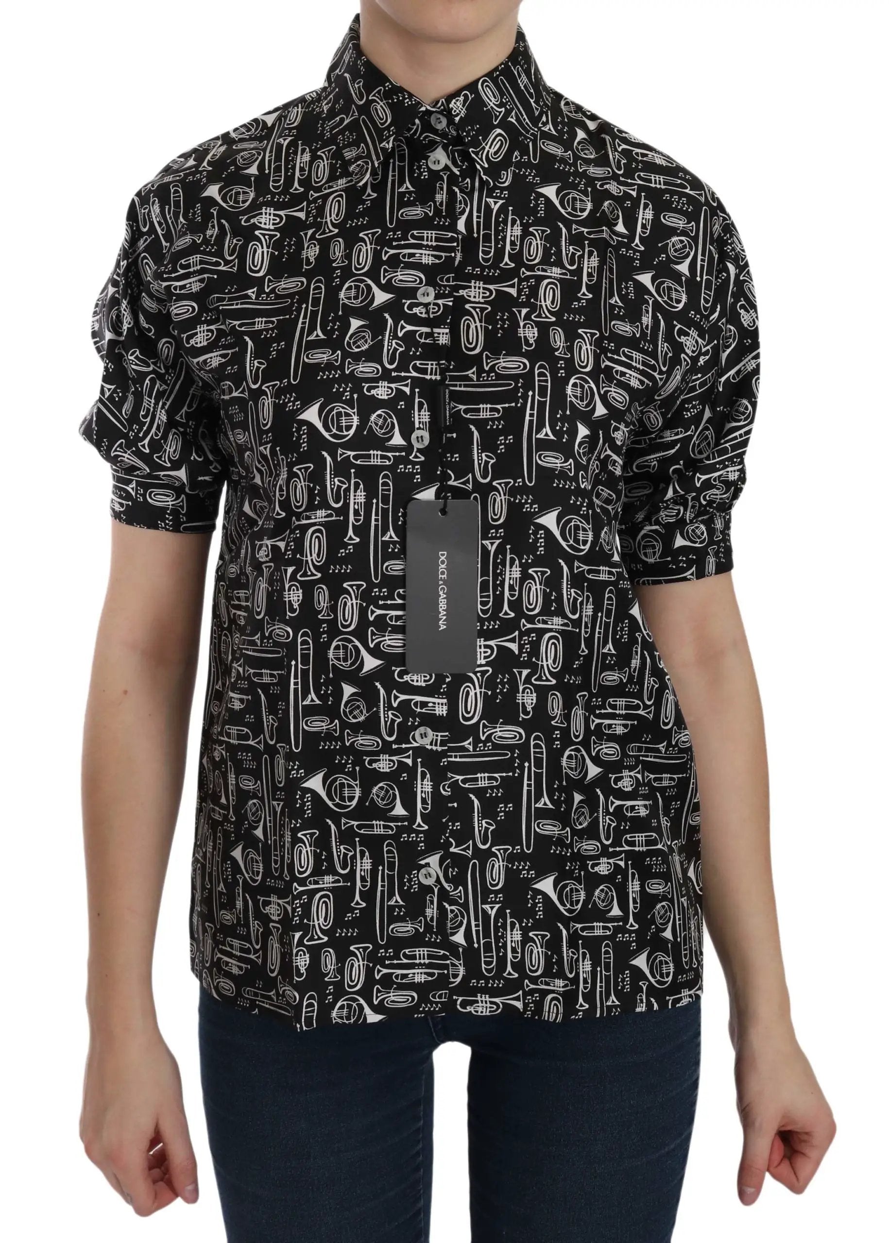 Dolce & Gabbana Black Musical Instrument Collared Blouse Shirt by Dolce & Gabbana