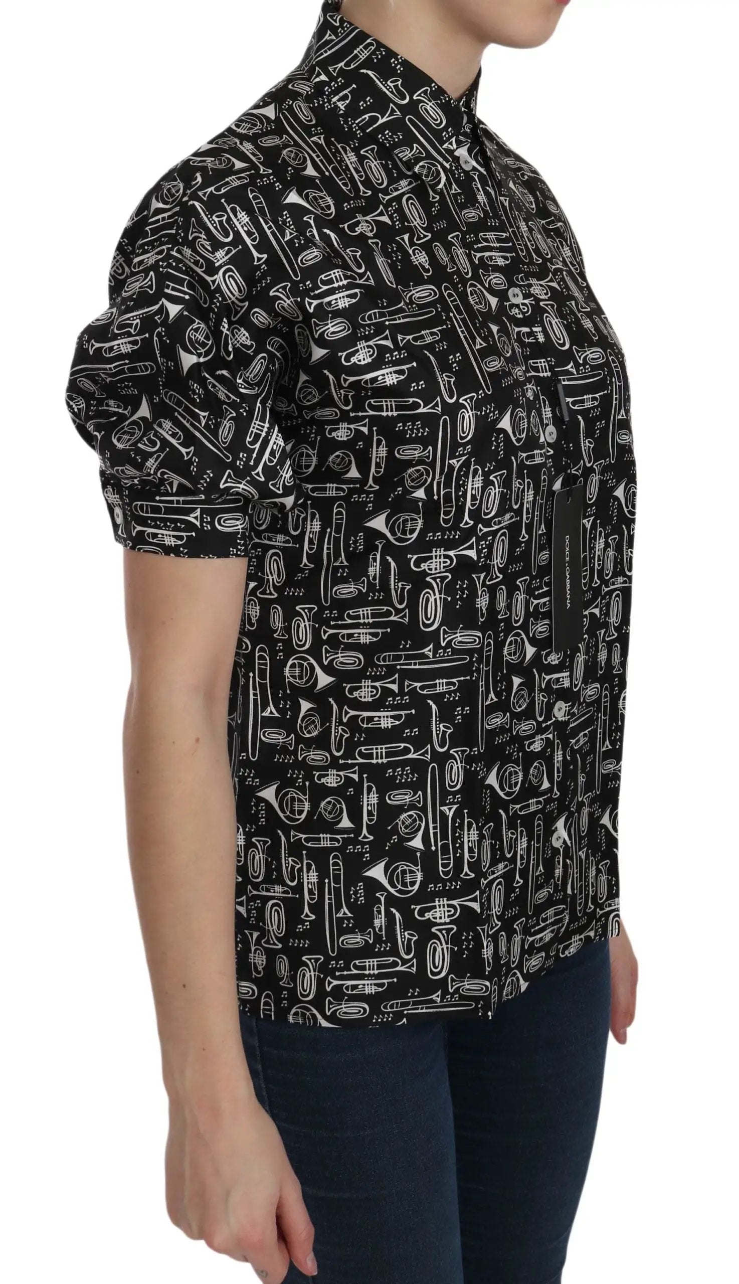 Dolce & Gabbana Black Musical Instrument Collared Blouse Shirt by Dolce & Gabbana