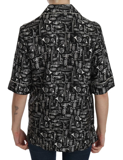 Dolce & Gabbana Black Musical Instrument Print Silk Top by Dolce & Gabbana
