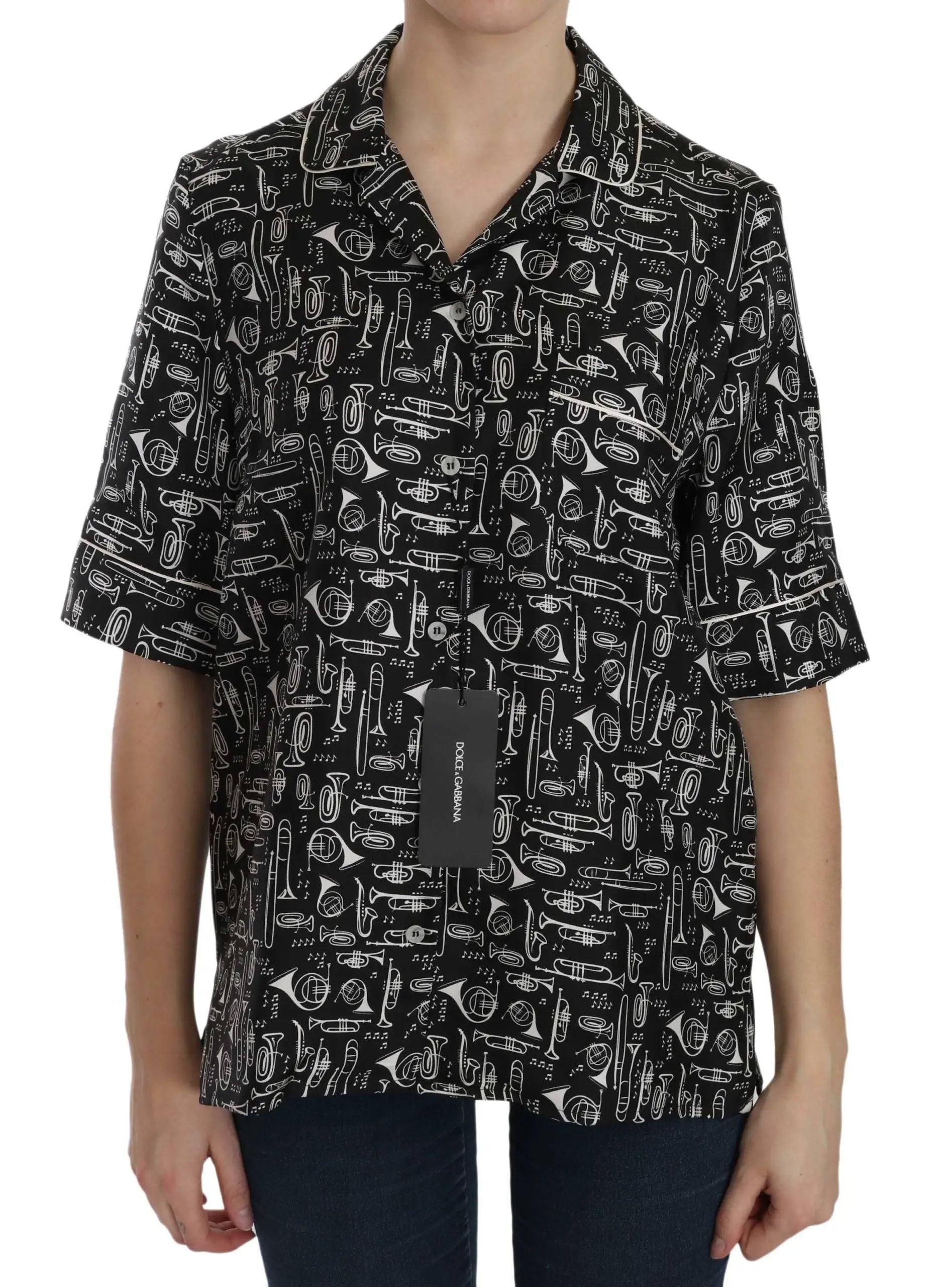 Dolce & Gabbana Black Musical Instrument Print Silk Top by Dolce & Gabbana
