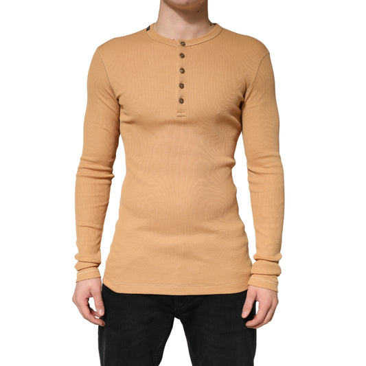 Dolce & Gabbana Camel Ribbed Cotton Long Sleeve Henley Sweater