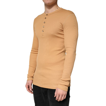 Dolce & Gabbana Camel Ribbed Cotton Long Sleeve Henley Sweater