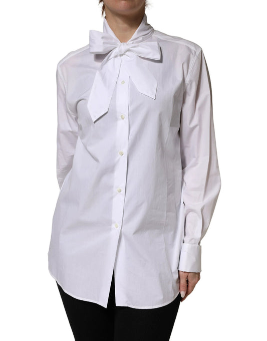 Dolce & Gabbana White Cotton Bow Tie Long Sleeves Blouse Top