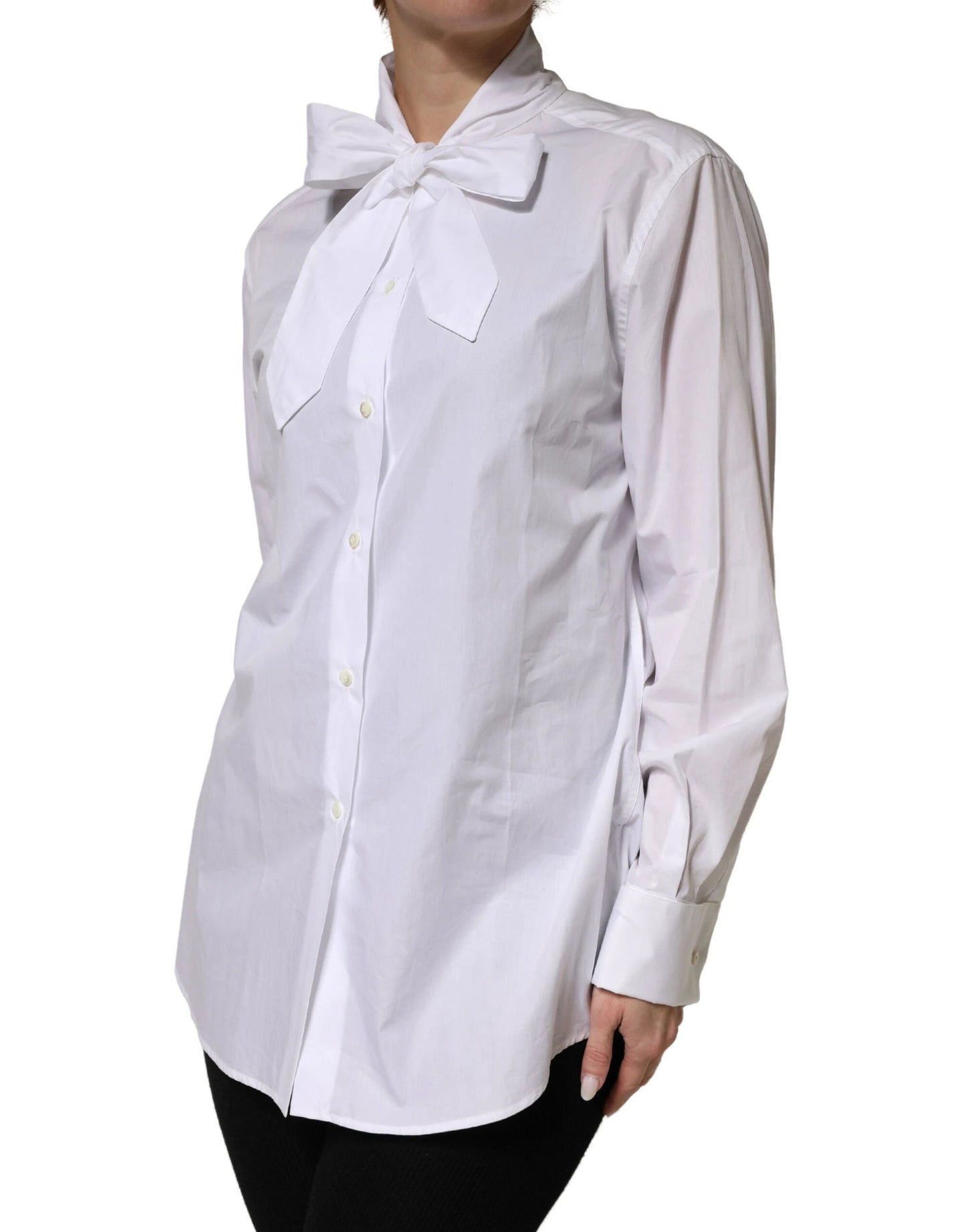 Dolce & Gabbana White Cotton Bow Tie Long Sleeves Blouse Top by Dolce & Gabbana