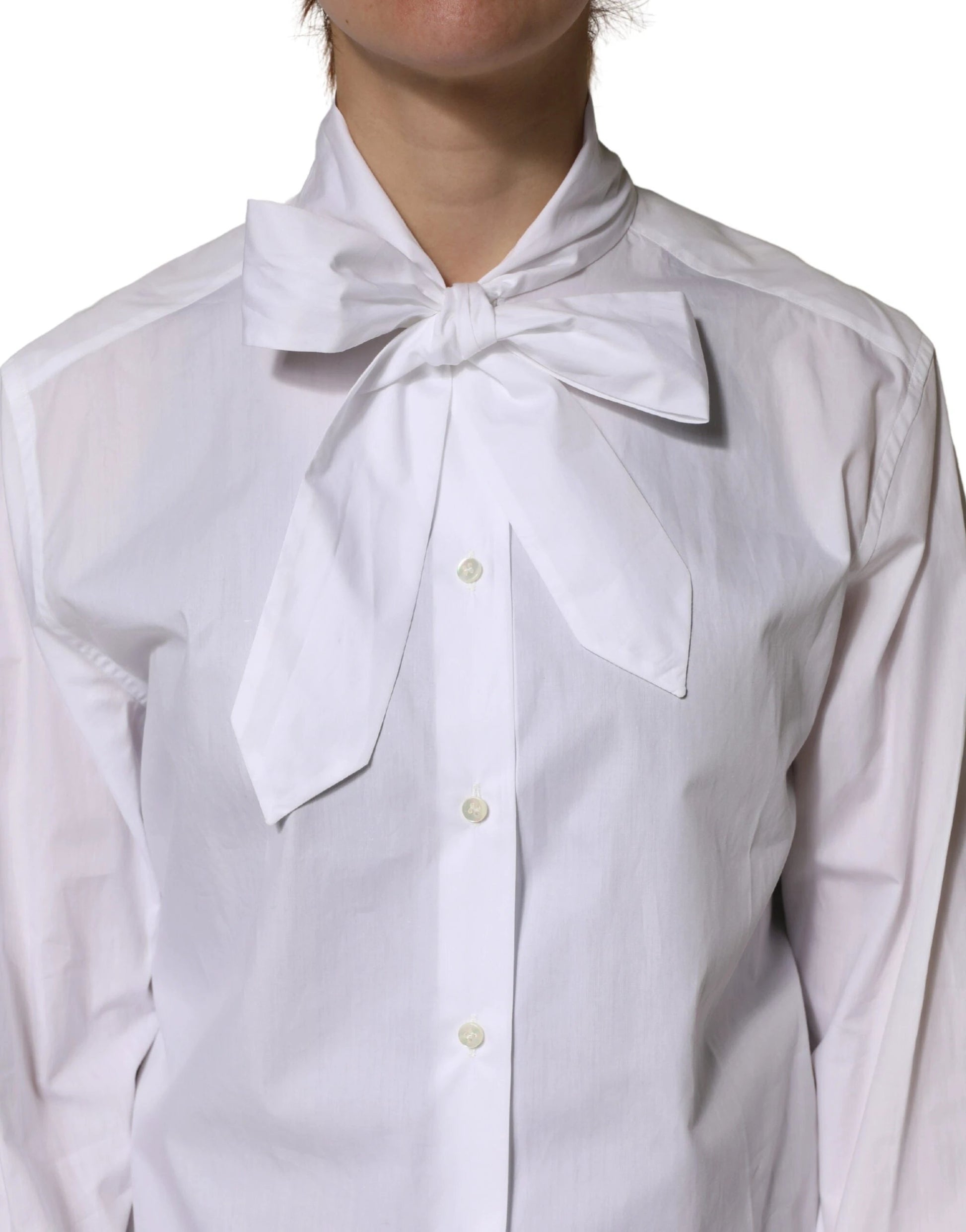 Dolce & Gabbana White Cotton Bow Tie Long Sleeves Blouse Top by Dolce & Gabbana