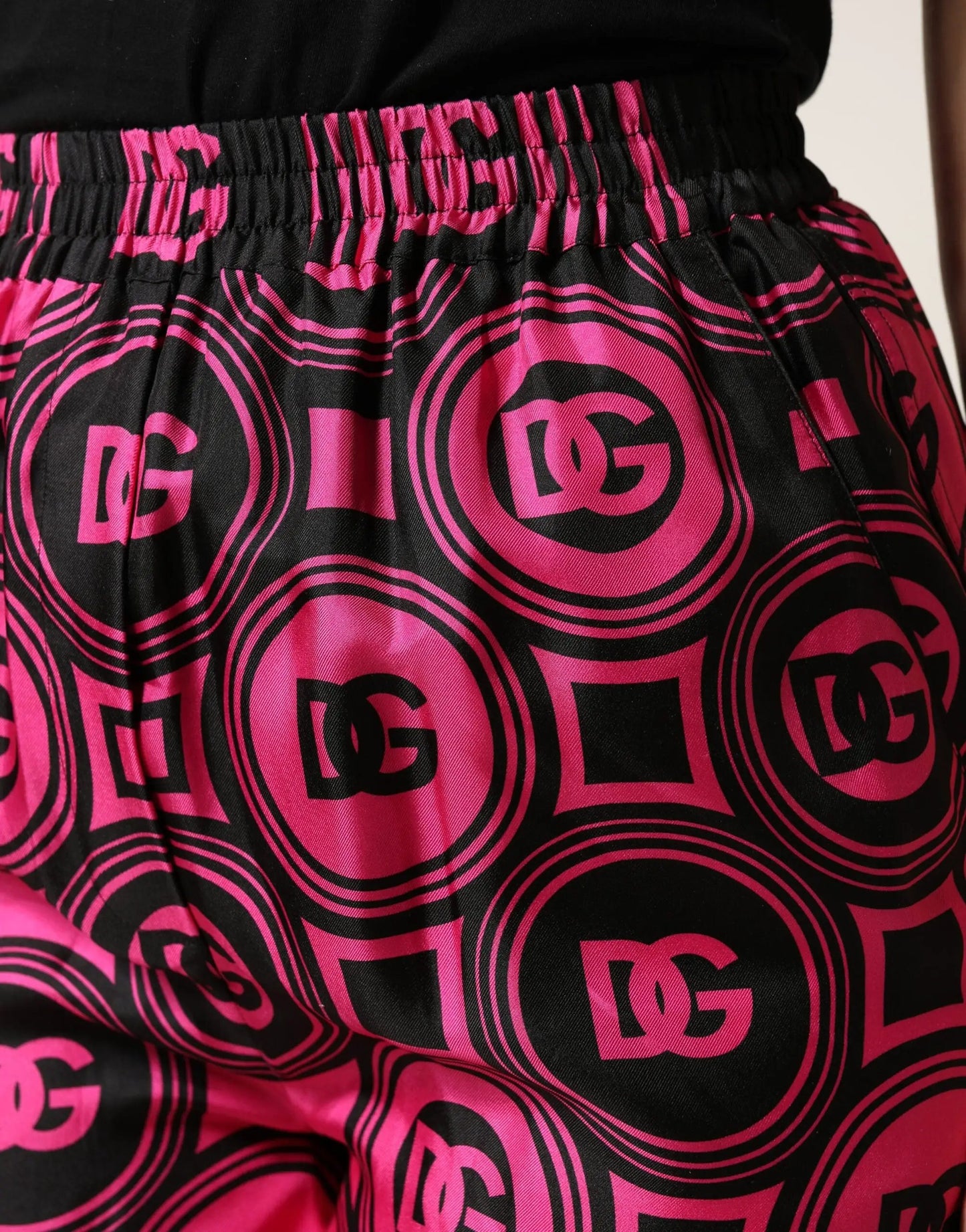 Dolce & Gabbana Black Fuchsia Silk Logo Elastic Waist Shorts by Dolce & Gabbana