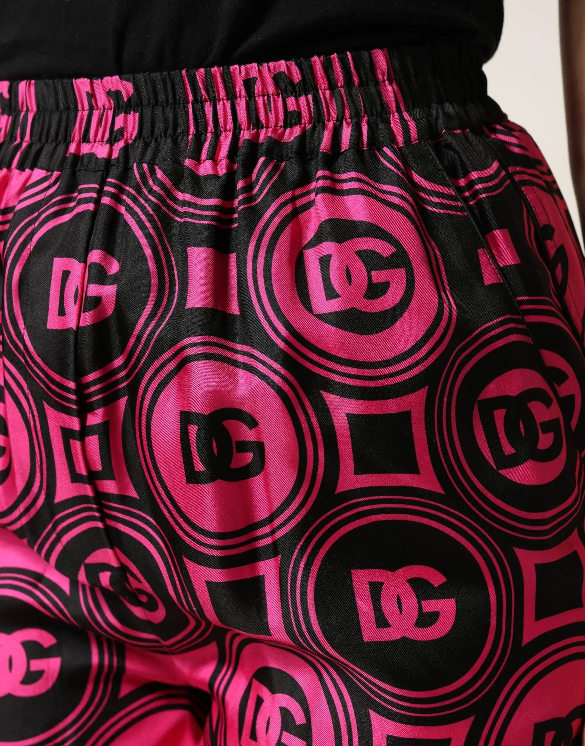 Dolce & Gabbana Black Fuchsia Silk Logo Elastic Waist Shorts by Dolce & Gabbana