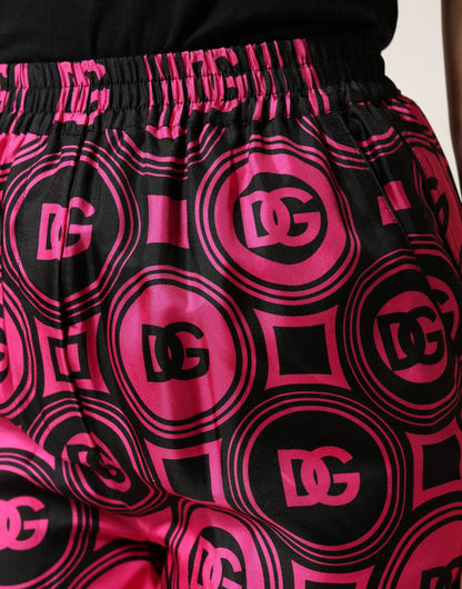 Dolce & Gabbana Black Fuchsia Silk Logo Elastic Waist Shorts by Dolce & Gabbana