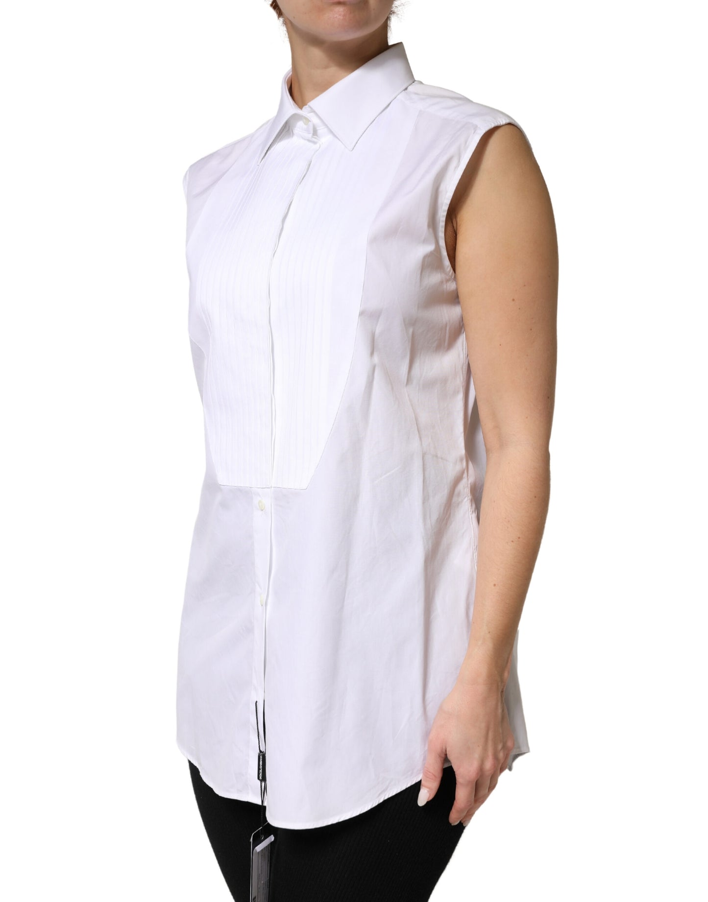 Dolce & Gabbana White Cotton Pleated Sleeveless Button Down Top