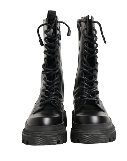 Dolce & Gabbana Black Leather Trek Sole Combat Boots Shoes