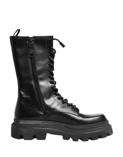 Dolce & Gabbana Black Leather Trek Sole Combat Boots Shoes