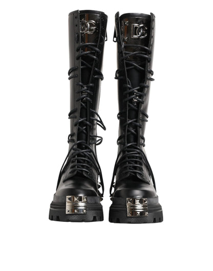 Dolce & Gabbana Black Leather Knee High Combat Boots Shoes