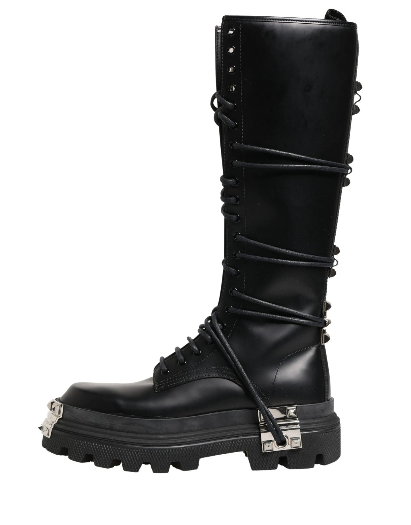 Dolce & Gabbana Black Leather Knee High Combat Boots Shoes