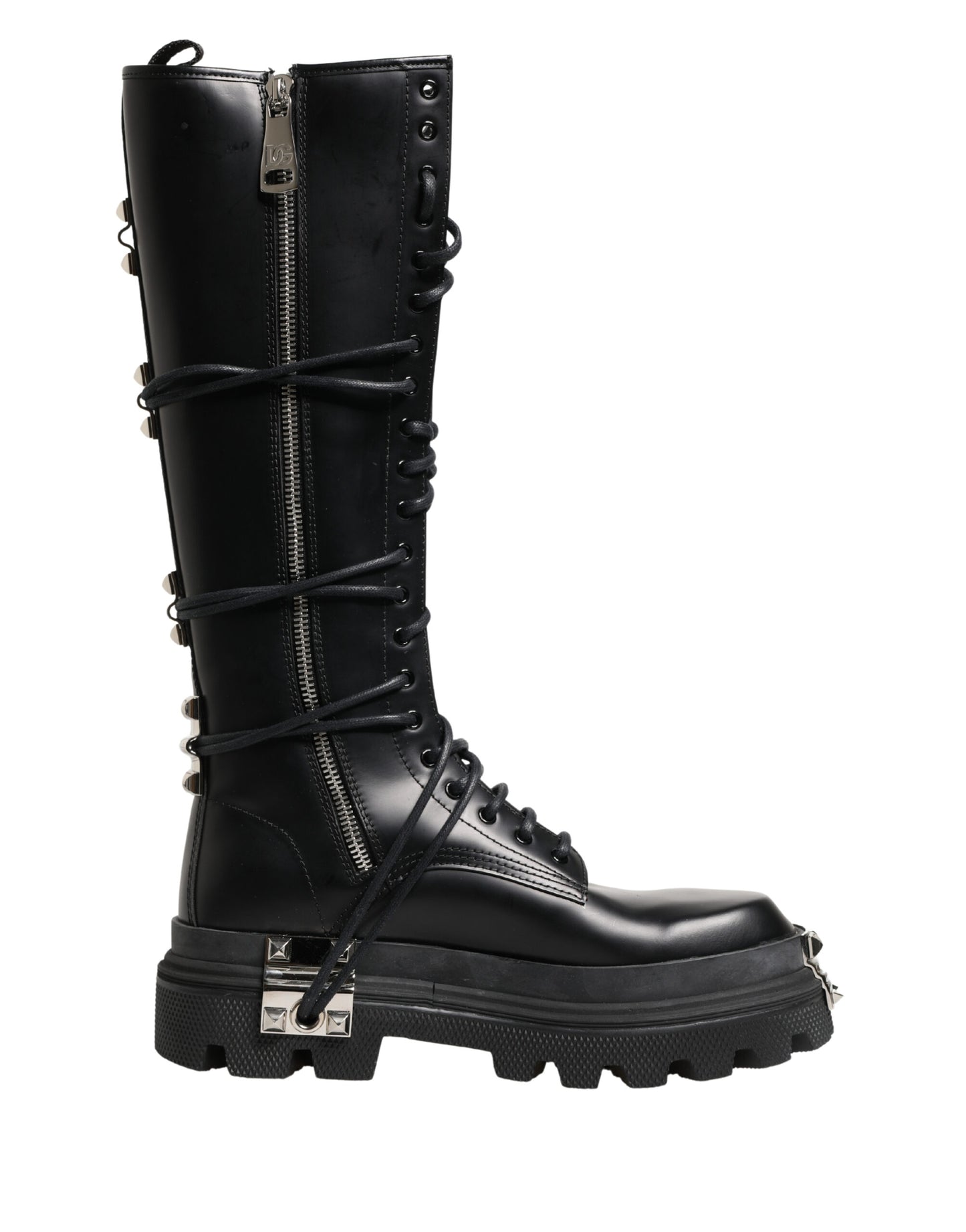 Dolce & Gabbana Black Leather Knee High Combat Boots Shoes
