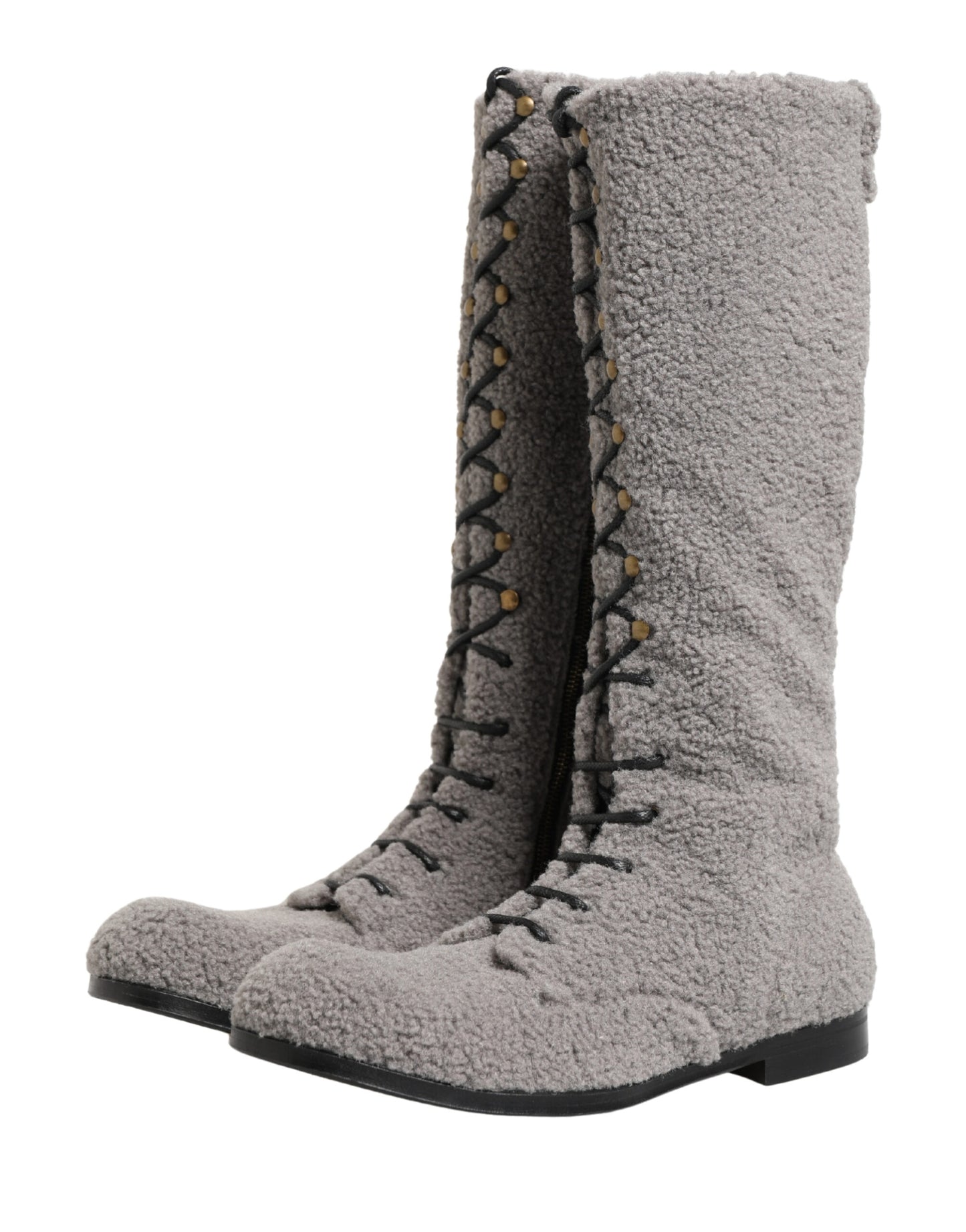 Dolce & Gabbana Gray Shearling Lace Up Knee High Boots Shoes