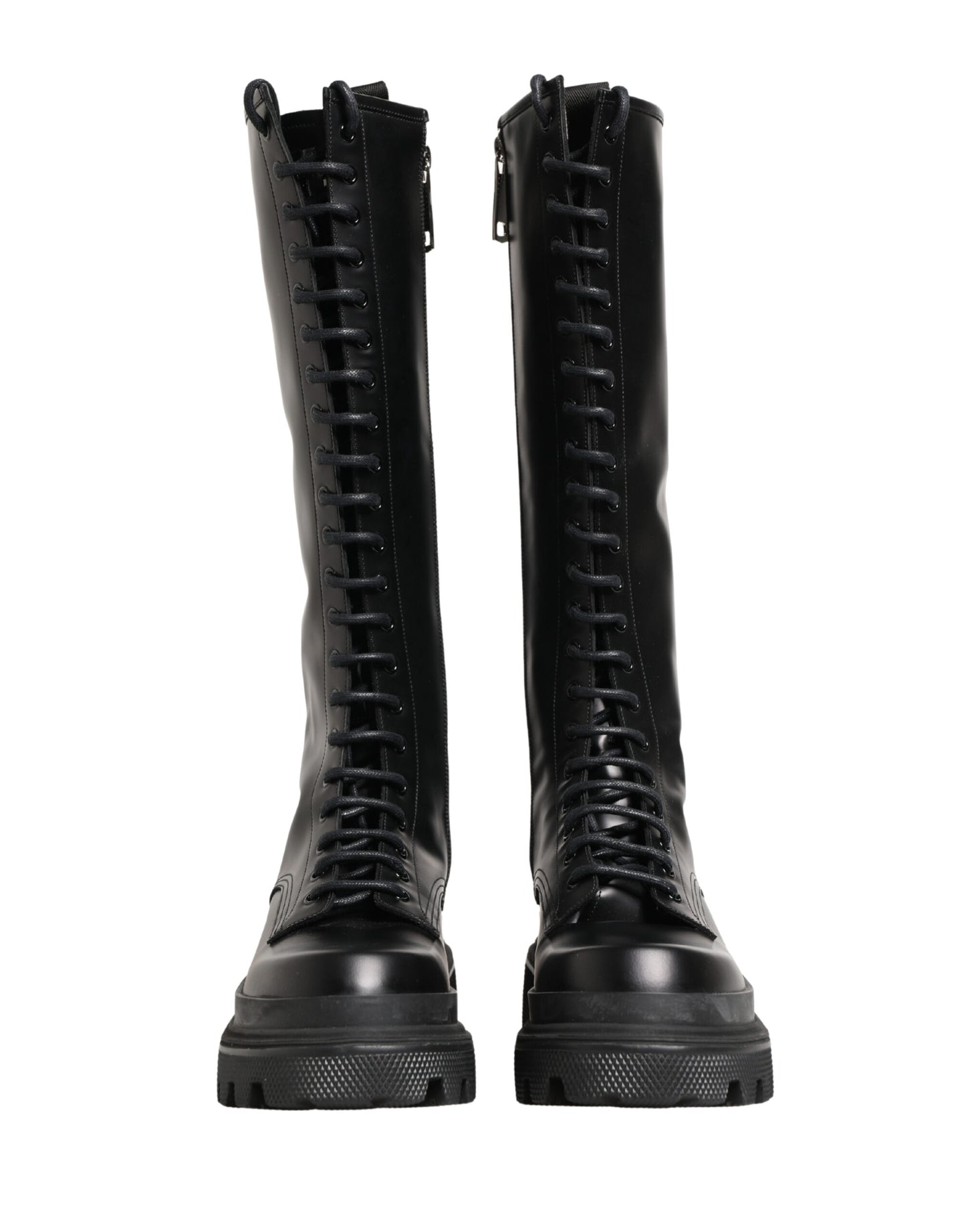 Dolce & Gabbana Black Leather Knee High Lace Up Boots Shoes