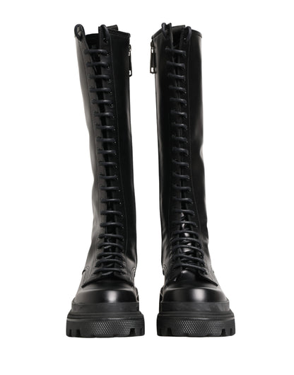 Dolce & Gabbana Black Leather Knee High Lace Up Boots Shoes