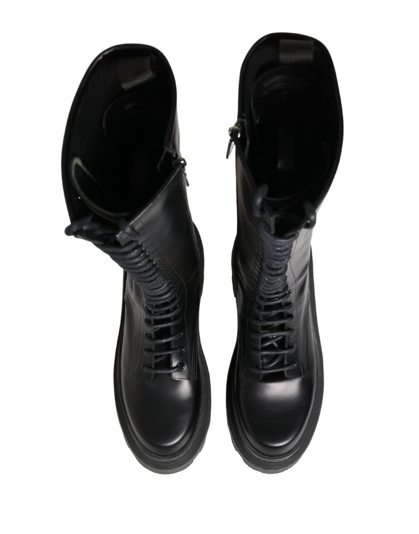 Dolce & Gabbana Black Leather Knee High Lace Up Boots Shoes