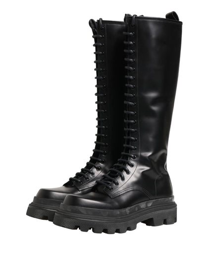 Dolce & Gabbana Black Leather Knee High Lace Up Boots Shoes