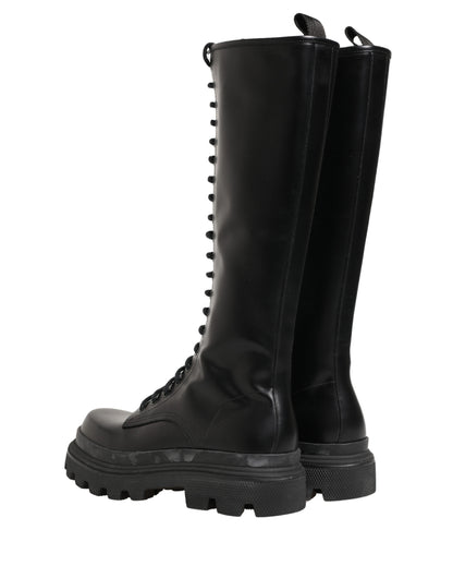 Dolce & Gabbana Black Leather Knee High Lace Up Boots Shoes
