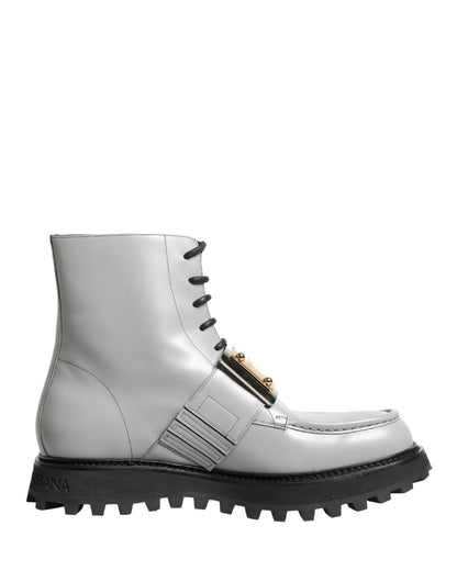 Dolce & Gabbana Gray Leather Logo Plaque Ankle Boots Shoes