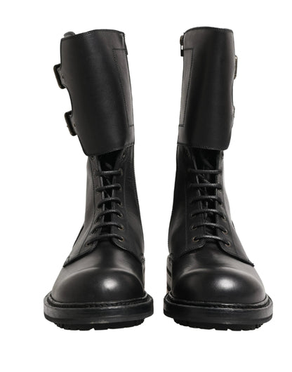 Dolce & Gabbana Black Leather Belted Buckle Combat Boots Shoes